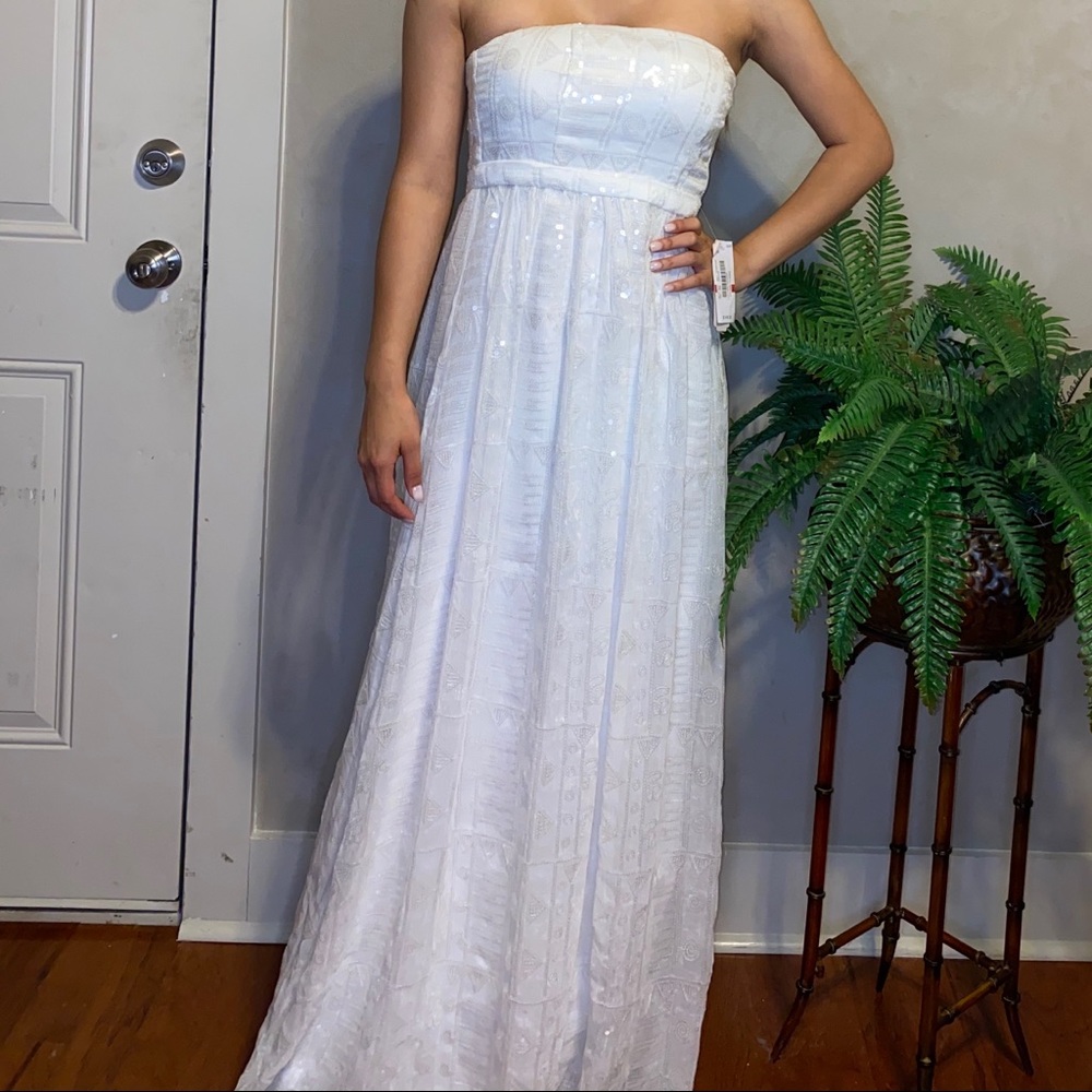 Strapless White Floor Length Dress with Sequins